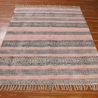 Pink Black Hand Block Print Work Striped Farmhouse Cotton Rug - Indian Rug Store