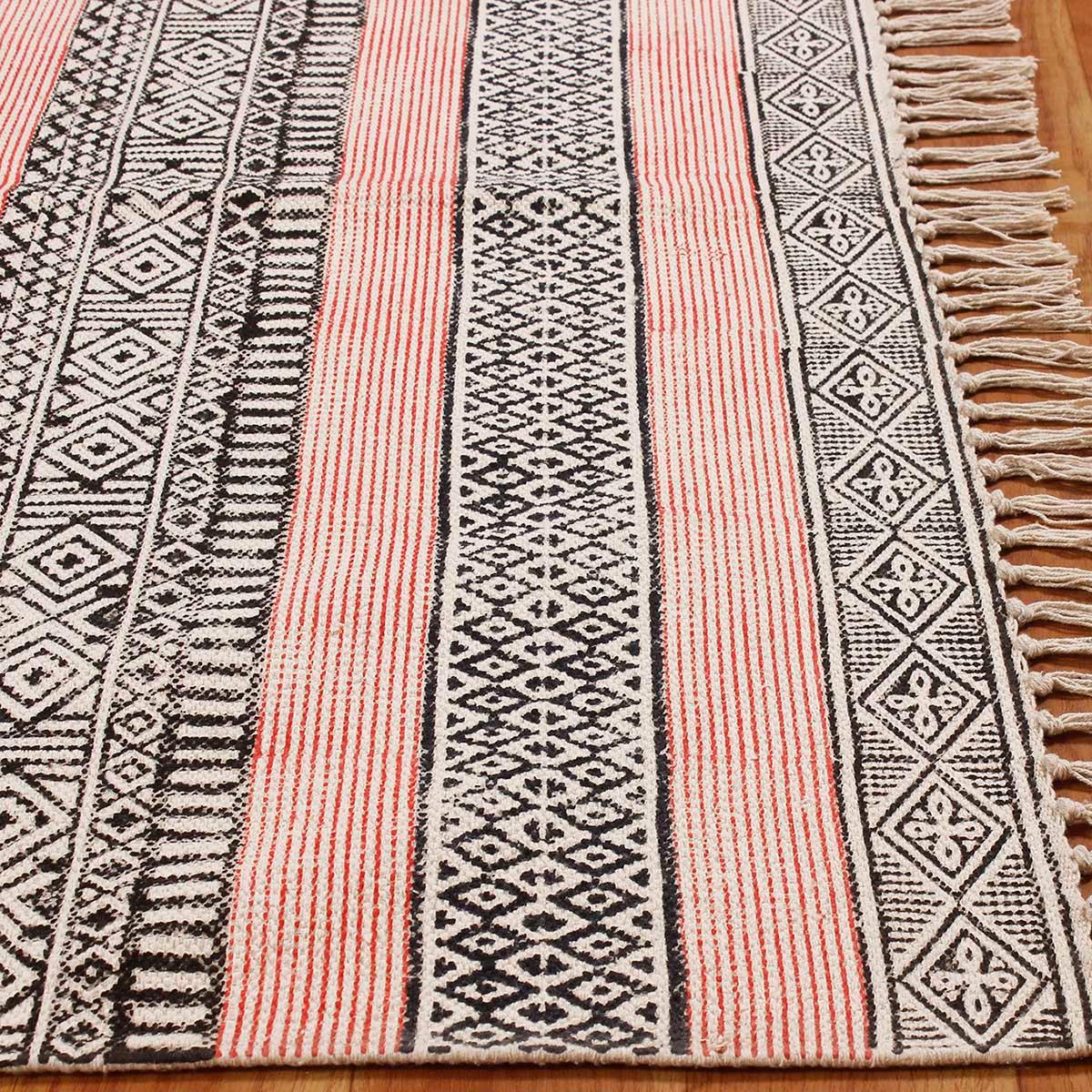 Pink Black Hand Block Print Work Striped Farmhouse Cotton Rug - Indian Rug Store