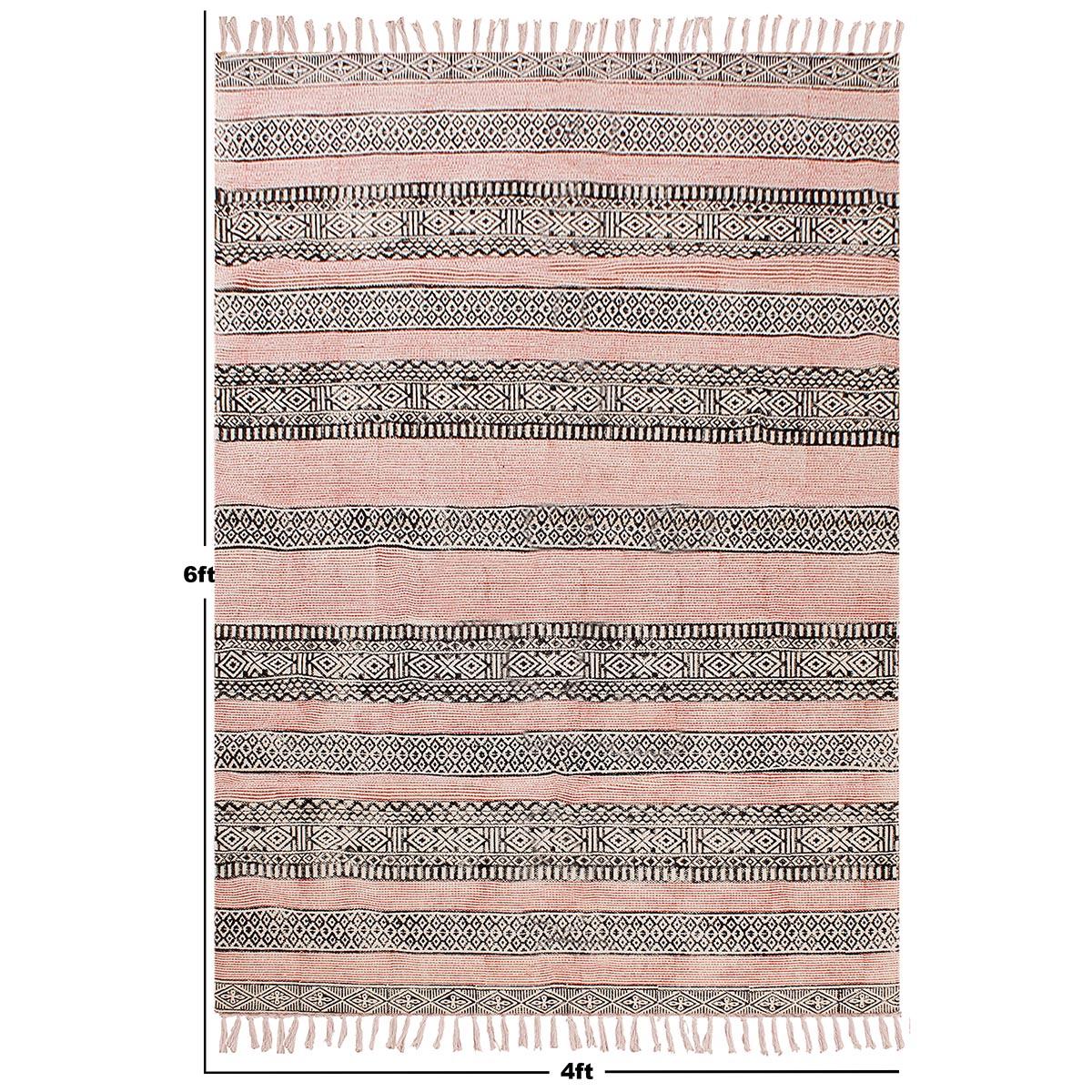 Pink Black Hand Block Print Work Striped Farmhouse Cotton Rug - Indian Rug Store