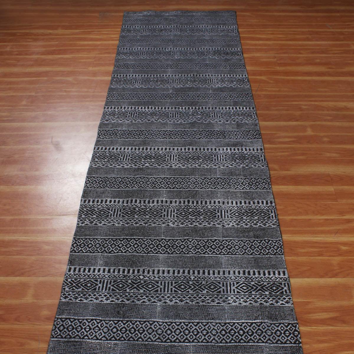 Gray Black Hand Block Print Work Abstract Farmhouse Cotton Rug - Indian Rug Store