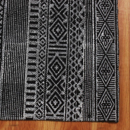 Gray Black Hand Block Print Work Abstract Farmhouse Cotton Rug - Indian Rug Store