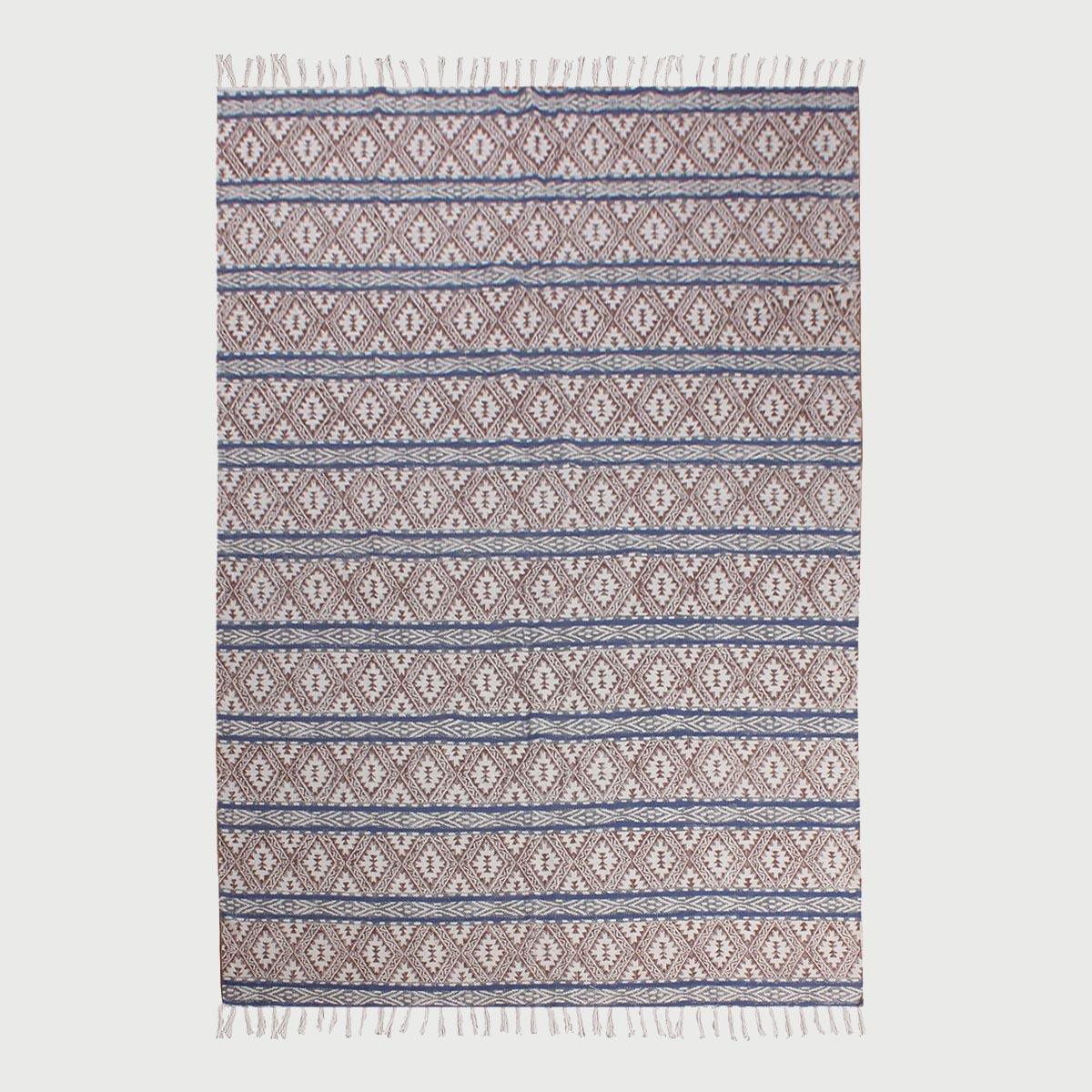 Brown Blue Hand Block Print Work Striped Hallway Cotton Rug - Indian Rug Store