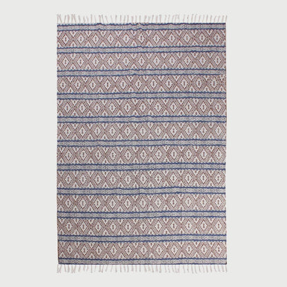 Brown Blue Hand Block Print Work Striped Hallway Cotton Rug - Indian Rug Store