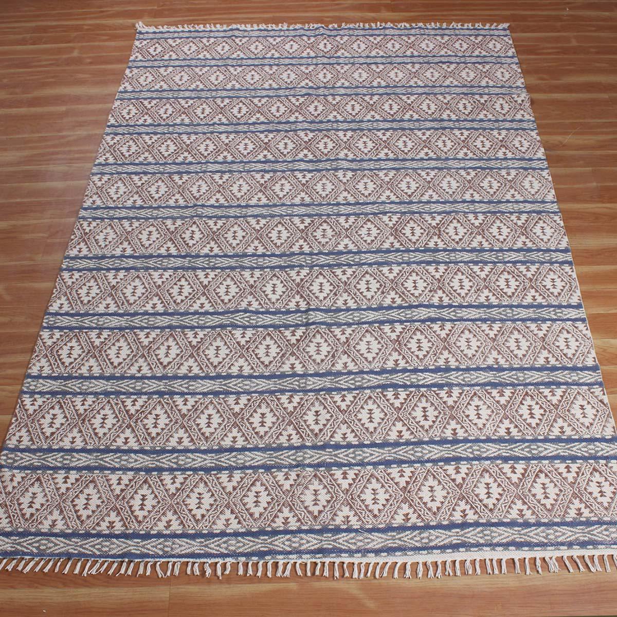 Brown Blue Hand Block Print Work Striped Hallway Cotton Rug - Indian Rug Store