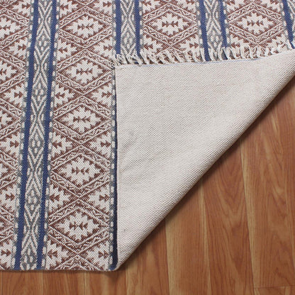 Brown Blue Hand Block Print Work Striped Hallway Cotton Rug - Indian Rug Store