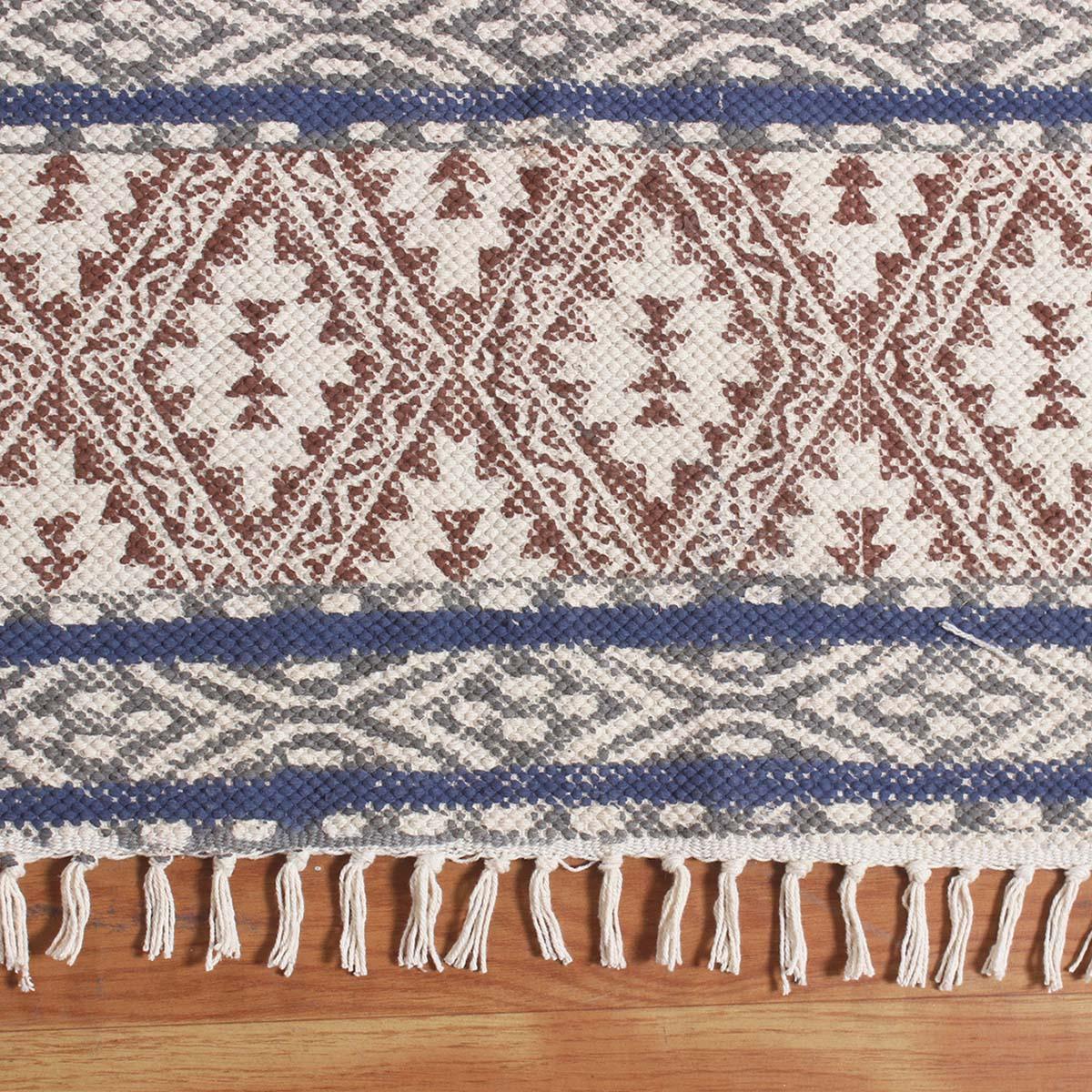 Brown Blue Hand Block Print Work Striped Hallway Cotton Rug - Indian Rug Store