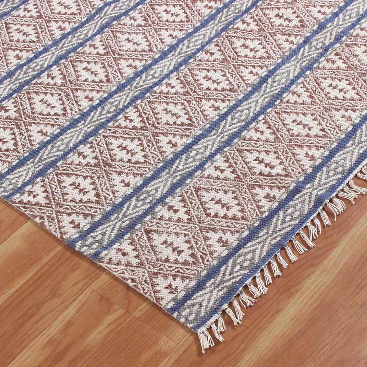 Brown Blue Hand Block Print Work Striped Hallway Cotton Rug - Indian Rug Store