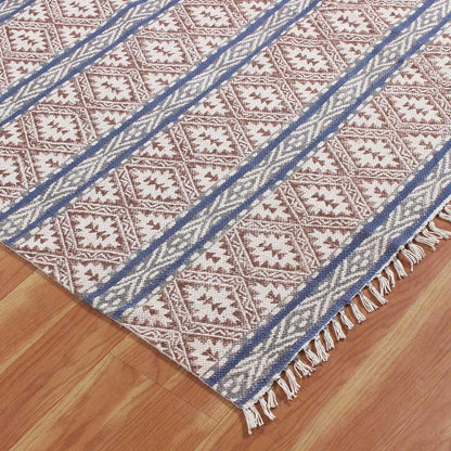 Brown Blue Hand Block Print Work Striped Hallway Cotton Rug - Indian Rug Store