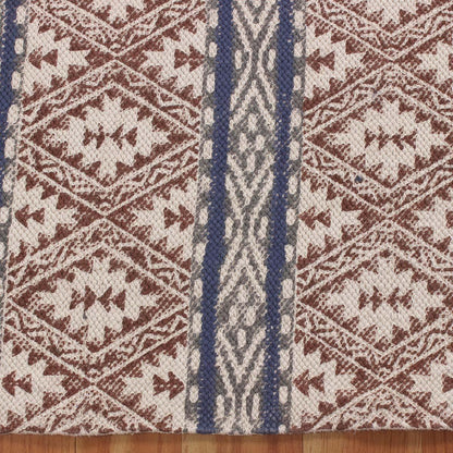 Brown Blue Hand Block Print Work Striped Hallway Cotton Rug - Indian Rug Store