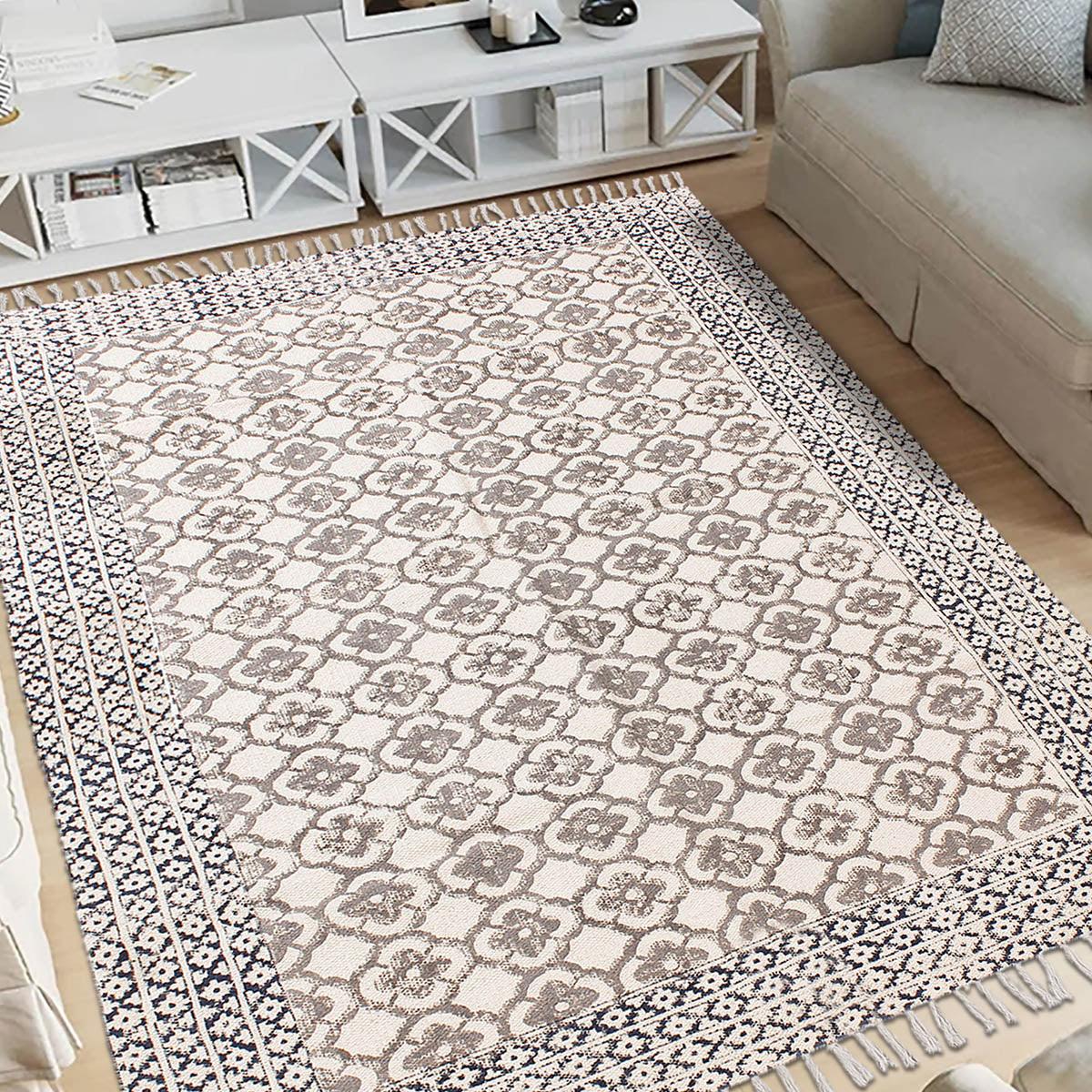 Gray Beige Hand Block Print Work Bordered Hallway Cotton Rug - Indian Rug Store