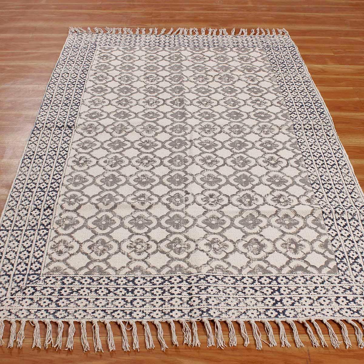 Gray Beige Hand Block Print Work Bordered Hallway Cotton Rug - Indian Rug Store