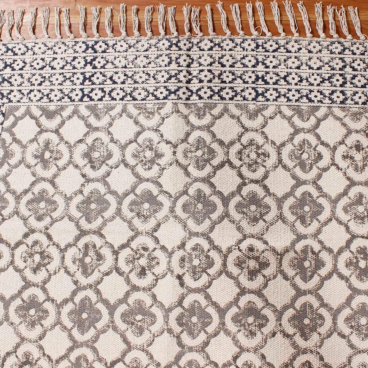 Gray Beige Hand Block Print Work Bordered Hallway Cotton Rug - Indian Rug Store