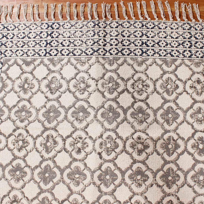 Gray Beige Hand Block Print Work Bordered Hallway Cotton Rug - Indian Rug Store