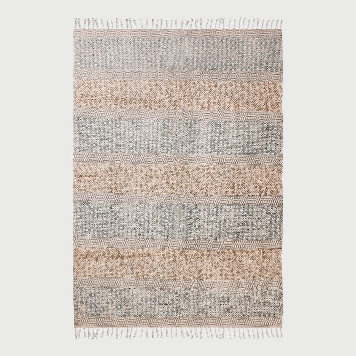 Blue Brown Hand Block Print Work Striped Hallway Cotton Dhuree - Indian Rug Store