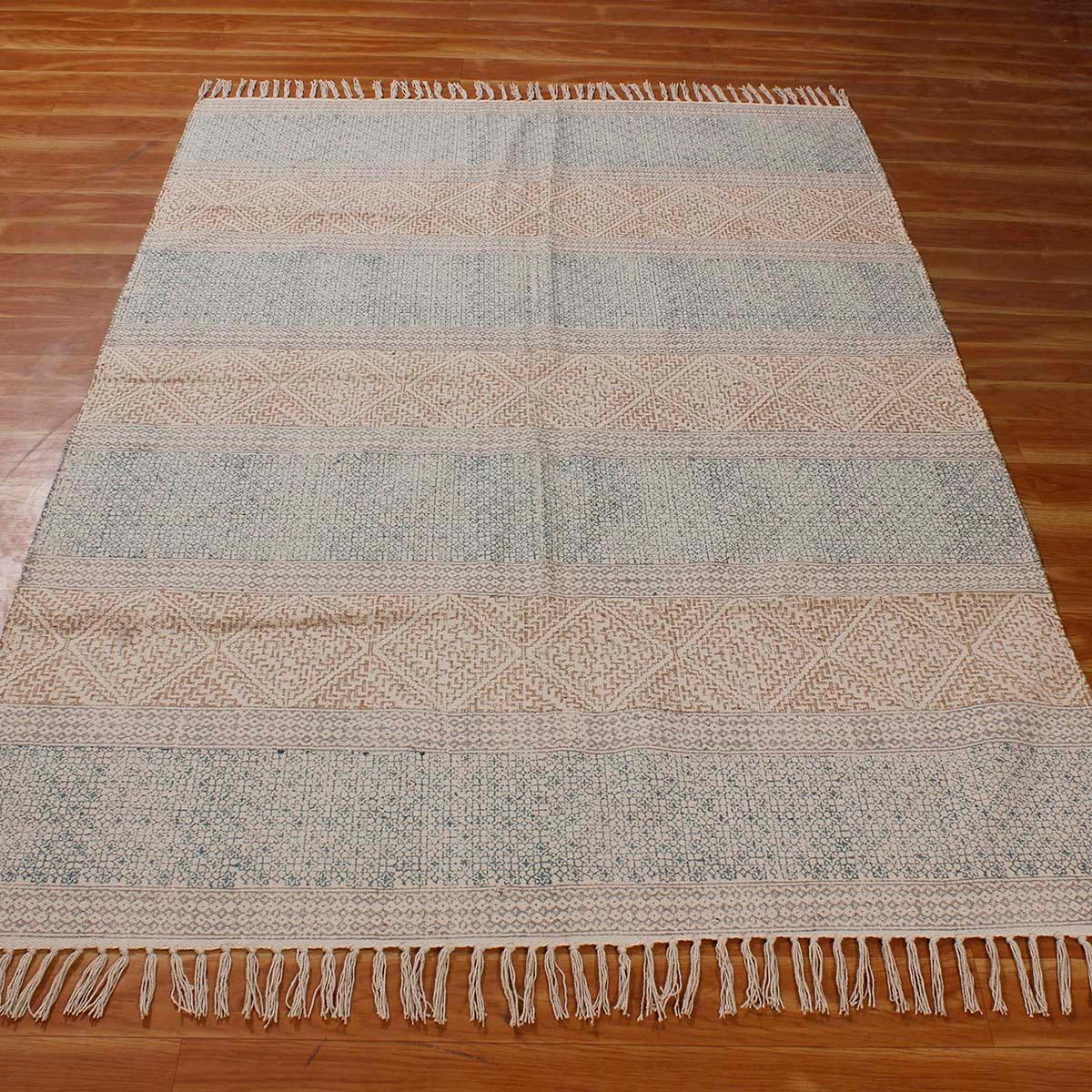 Blue Brown Hand Block Print Work Striped Hallway Cotton Dhuree - Indian Rug Store