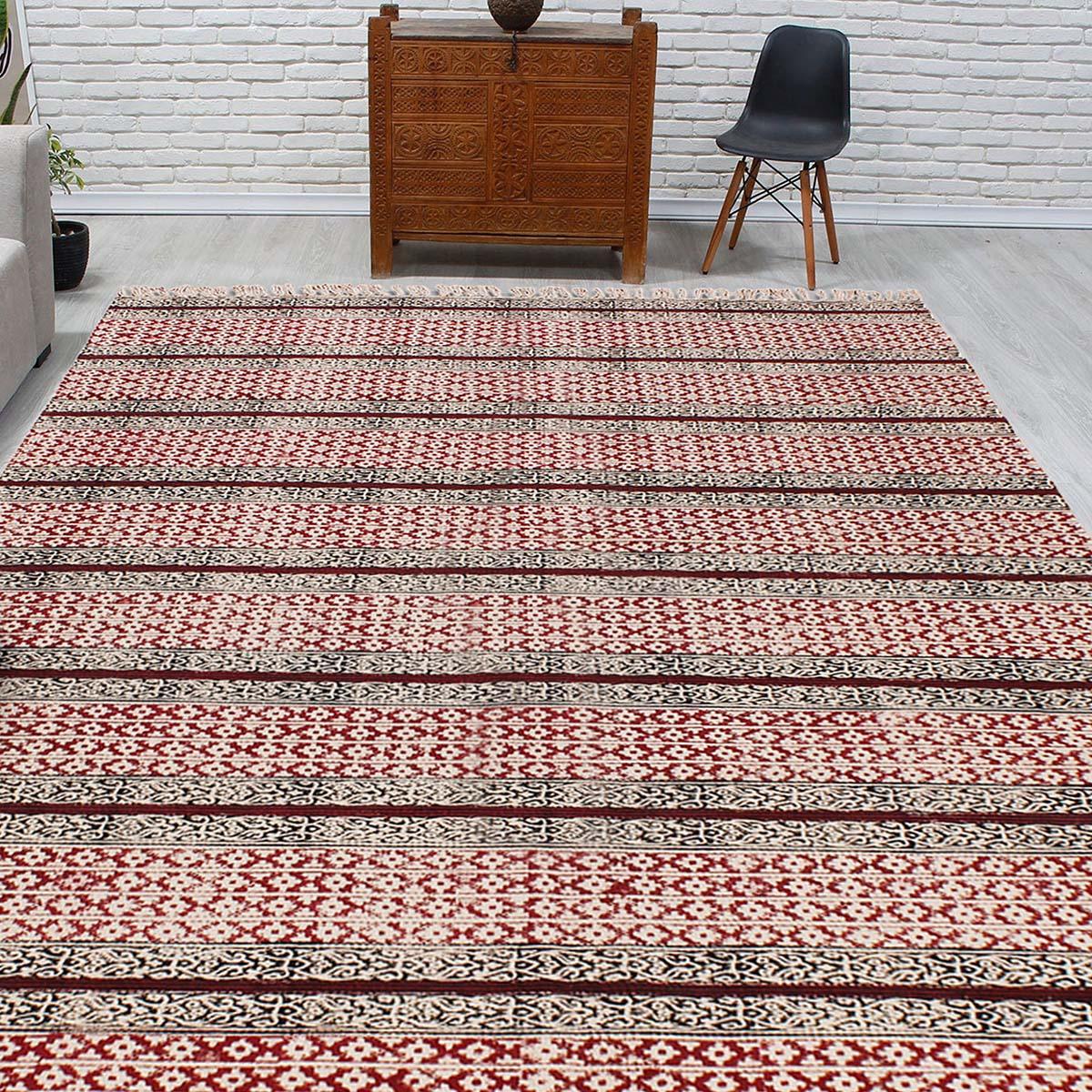 Red Black Hand Block Print Work Geometric Hallway Cotton Dhuree - Indian Rug Store