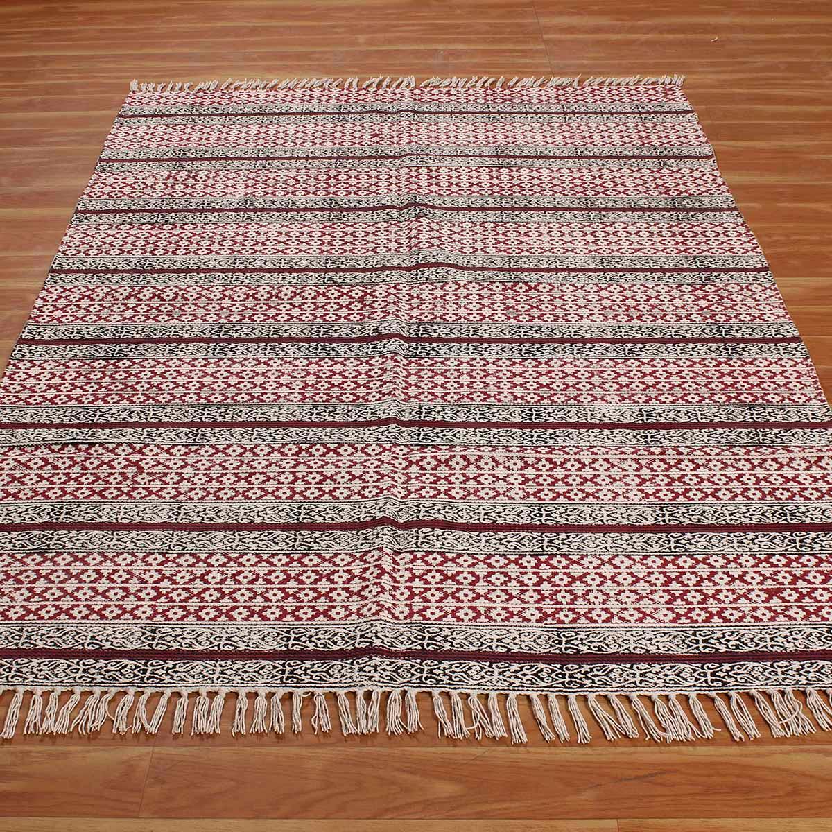 Red Black Hand Block Print Work Geometric Hallway Cotton Dhuree - Indian Rug Store