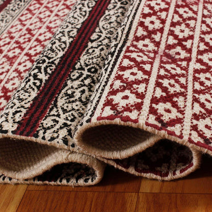 Red Black Hand Block Print Work Geometric Hallway Cotton Dhuree - Indian Rug Store