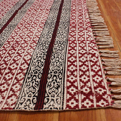 Red Black Hand Block Print Work Geometric Hallway Cotton Dhuree - Indian Rug Store