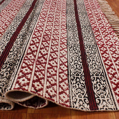 Red Black Hand Block Print Work Geometric Hallway Cotton Dhuree - Indian Rug Store