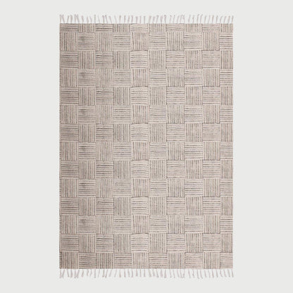 Beige Gray Hand Block Print Work Check Hallway Cotton Dhuree - Indian Rug Store