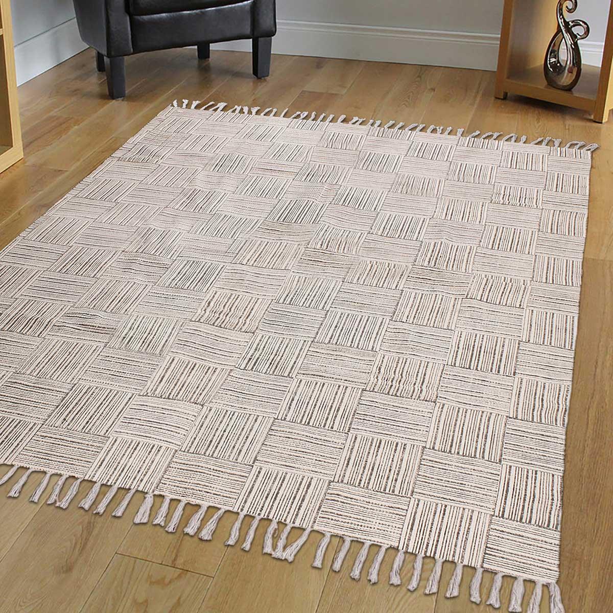 Beige Gray Hand Block Print Work Check Hallway Cotton Dhuree - Indian Rug Store