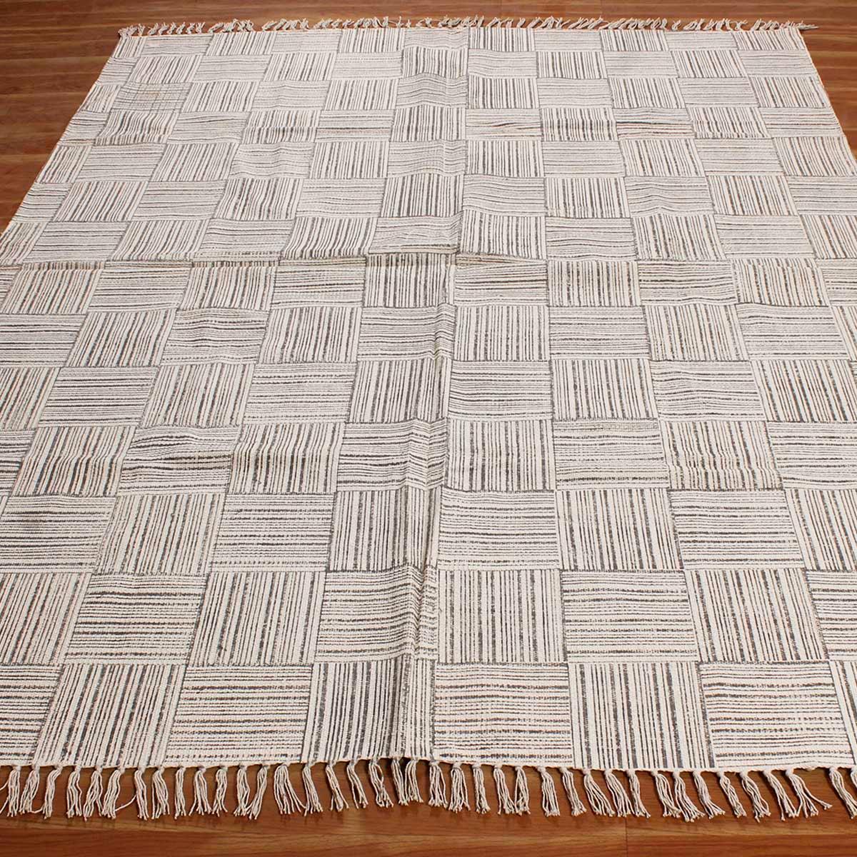 Beige Gray Hand Block Print Work Check Hallway Cotton Dhuree - Indian Rug Store