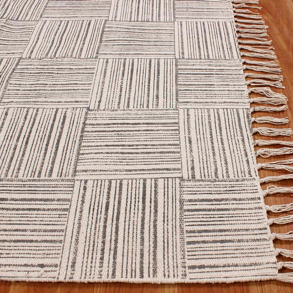 Beige Gray Hand Block Print Work Check Hallway Cotton Dhuree - Indian Rug Store