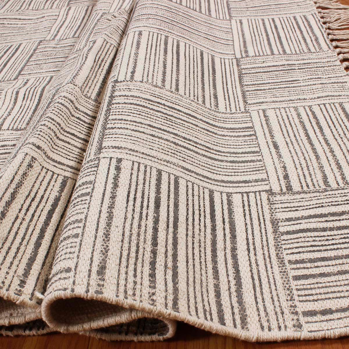 Beige Gray Hand Block Print Work Check Hallway Cotton Dhuree - Indian Rug Store