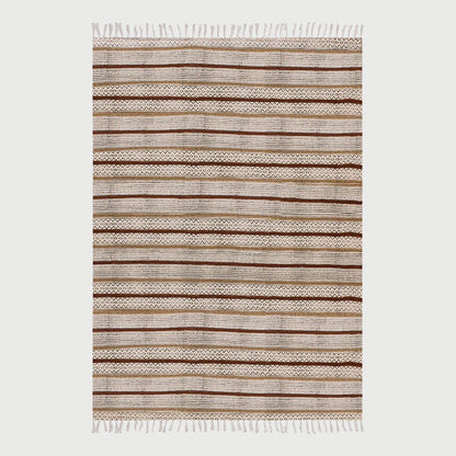 Brown Black Hand Block Print Work Striped Hallway Cotton Dhuree - Indian Rug Store