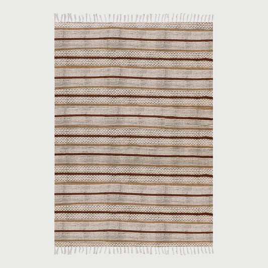 Brown Black Hand Block Print Work Striped Hallway Cotton Dhuree - Indian Rug Store