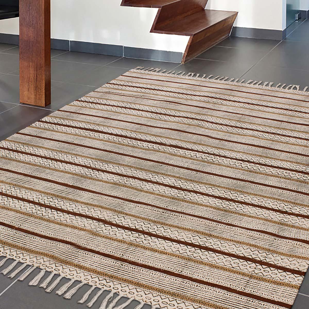 Brown Black Hand Block Print Work Striped Hallway Cotton Dhuree - Indian Rug Store