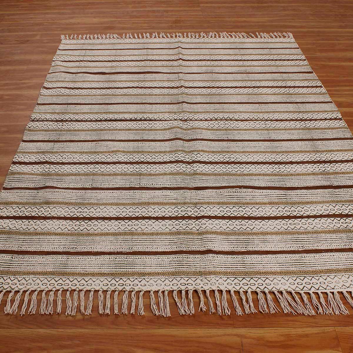 Brown Black Hand Block Print Work Striped Hallway Cotton Dhuree - Indian Rug Store