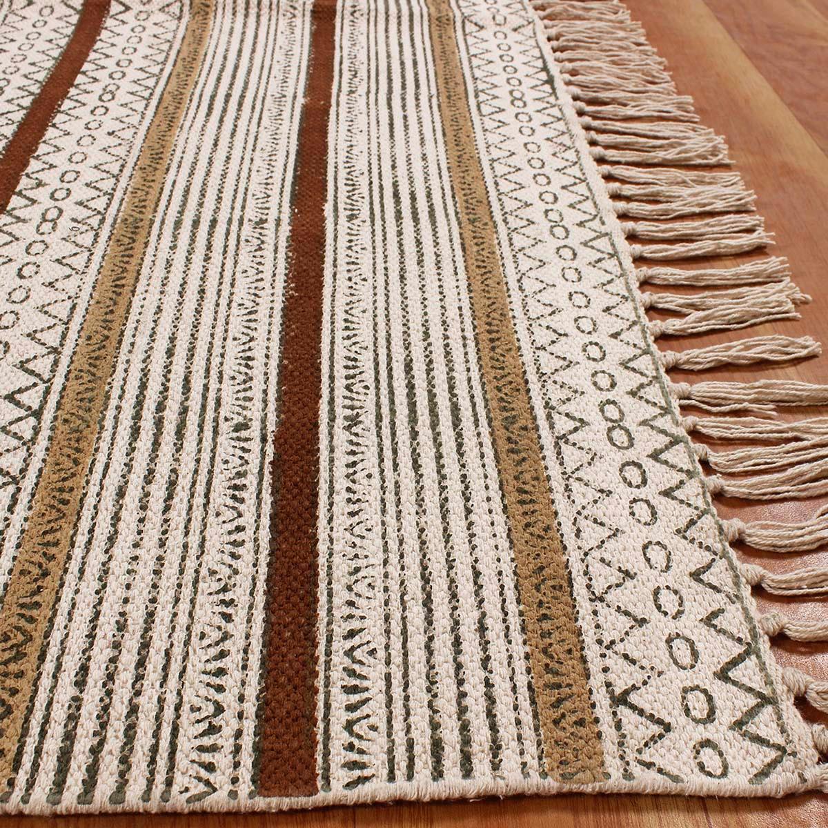 Brown Black Hand Block Print Work Striped Hallway Cotton Dhuree - Indian Rug Store