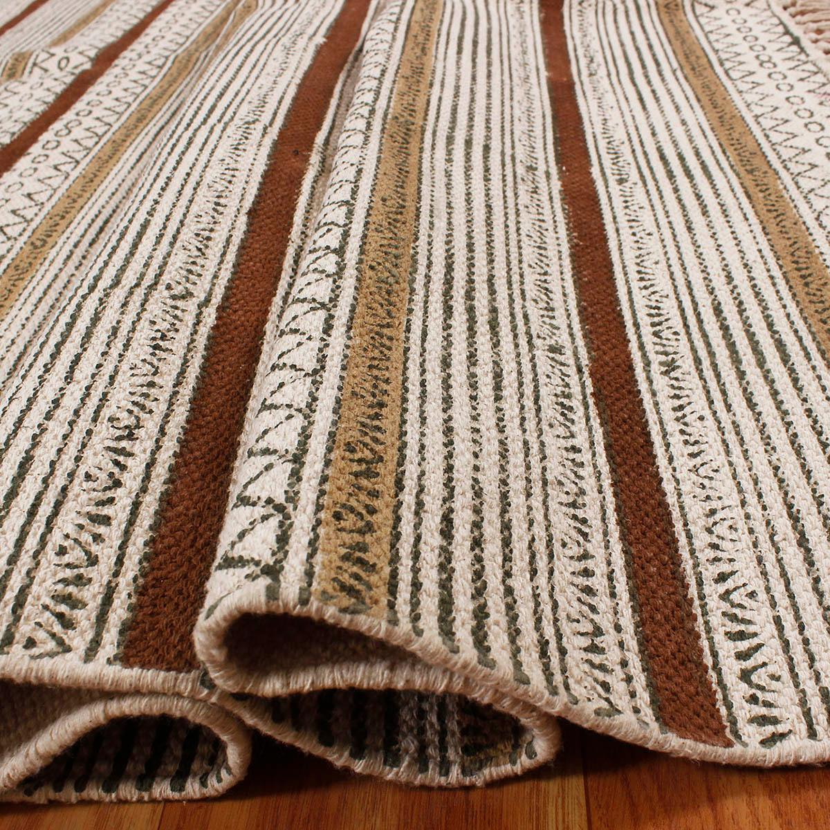 Brown Black Hand Block Print Work Striped Hallway Cotton Dhuree - Indian Rug Store