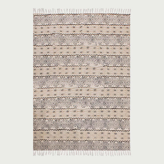 Hand Block Print Work Striped Brown Black Hallway Cotton Dhuree - Indian Rug Store