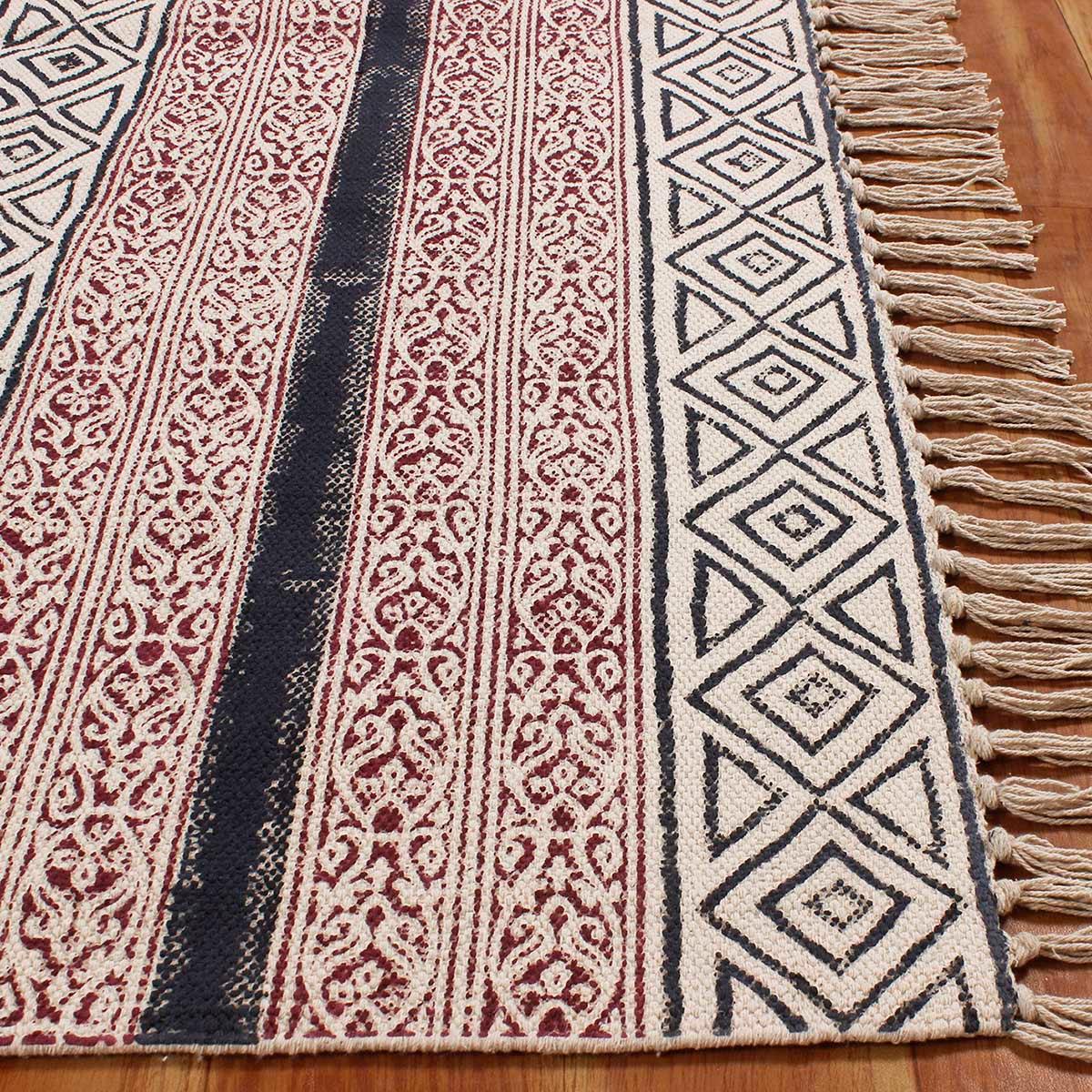 Hand Block Print Work Red Black Geometric Hallway Cotton Dhuree - Indian Rug Store