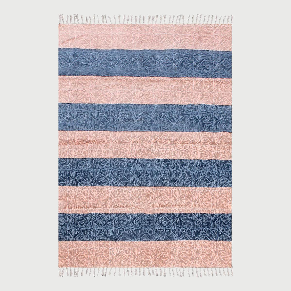 Hallway Hand Block Print Work Pink Blue Striped Cotton Dhuree - Indian Rug Store