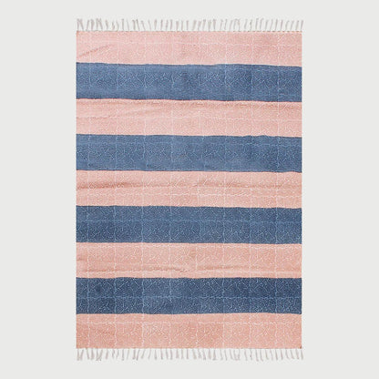 Hallway Hand Block Print Work Pink Blue Striped Cotton Dhuree - Indian Rug Store