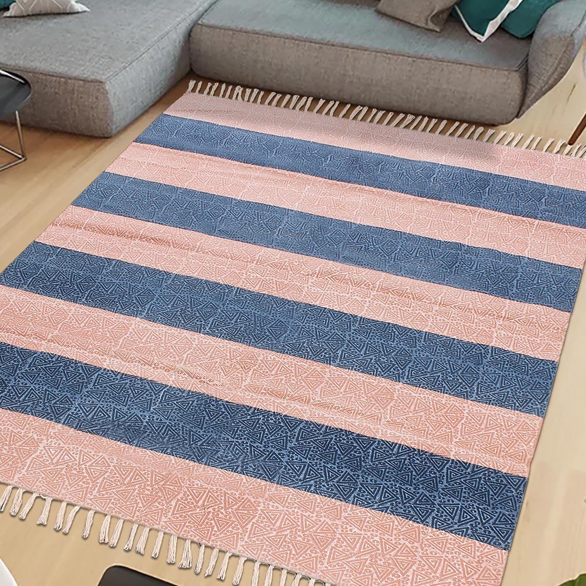 Hallway Hand Block Print Work Pink Blue Striped Cotton Dhuree - Indian Rug Store