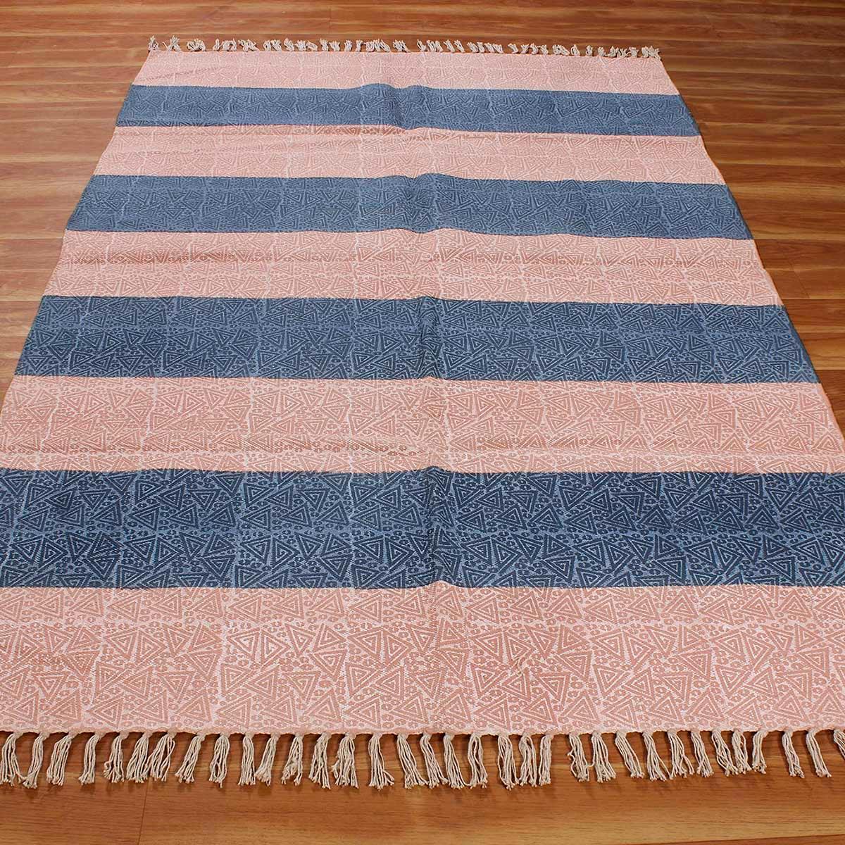 Hallway Hand Block Print Work Pink Blue Striped Cotton Dhuree - Indian Rug Store