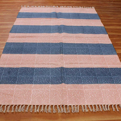 Hallway Hand Block Print Work Pink Blue Striped Cotton Dhuree - Indian Rug Store