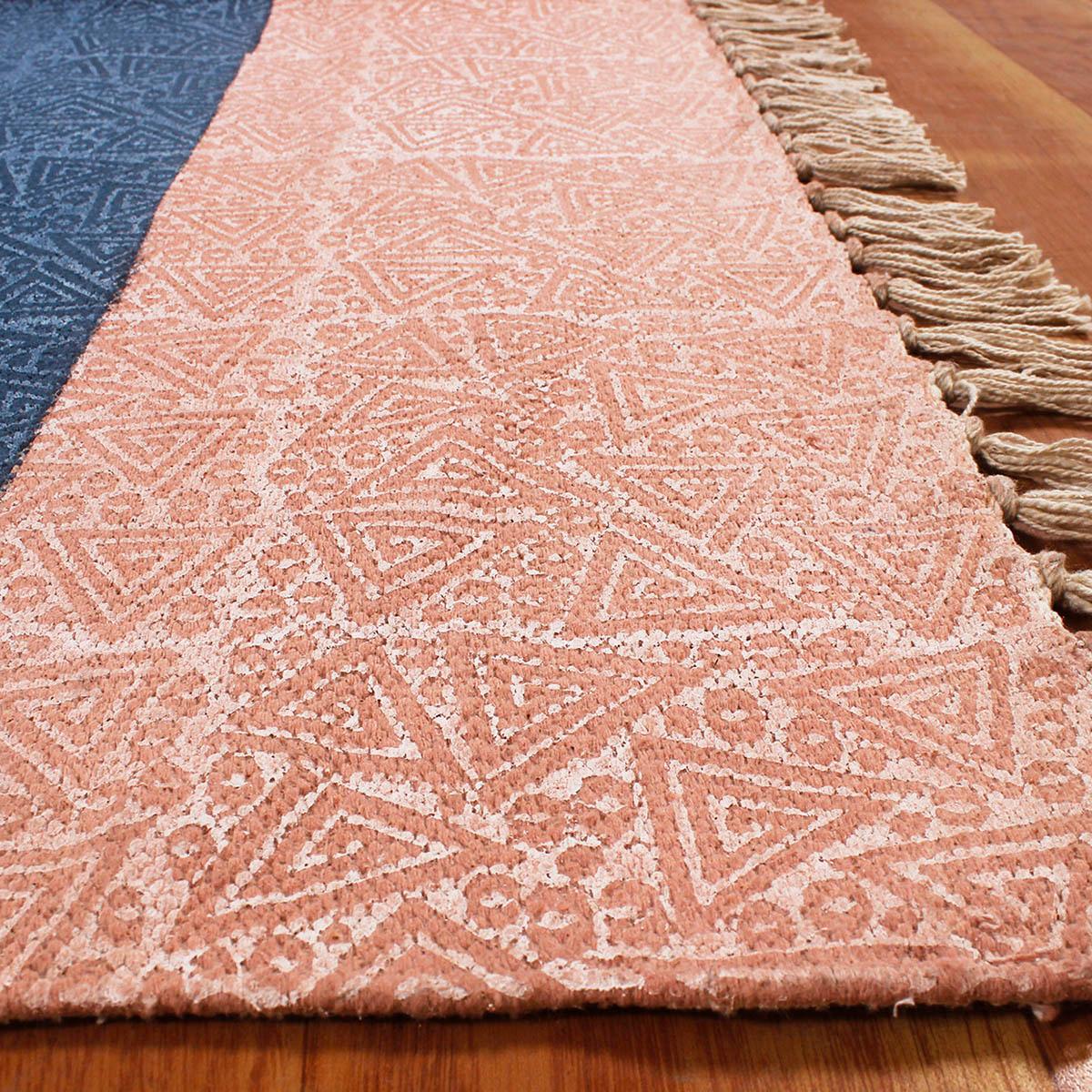 Hallway Hand Block Print Work Pink Blue Striped Cotton Dhuree - Indian Rug Store