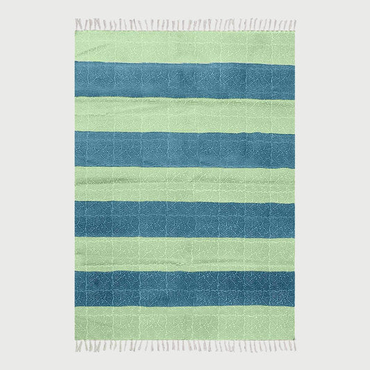 Hallway Hand Block Print Work Green Blue Striped Cotton Dhuree - Indian Rug Store