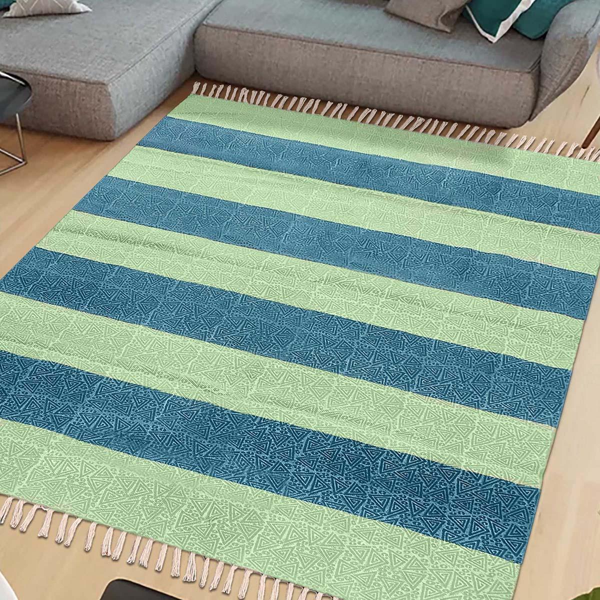 Hallway Hand Block Print Work Green Blue Striped Cotton Dhuree - Indian Rug Store