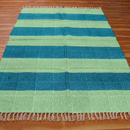 Hallway Hand Block Print Work Green Blue Striped Cotton Dhuree - Indian Rug Store