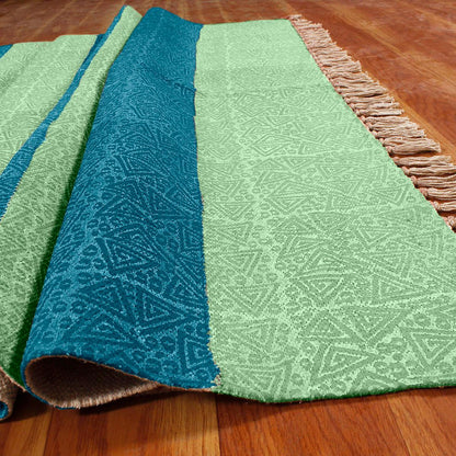 Hallway Hand Block Print Work Green Blue Striped Cotton Dhuree - Indian Rug Store