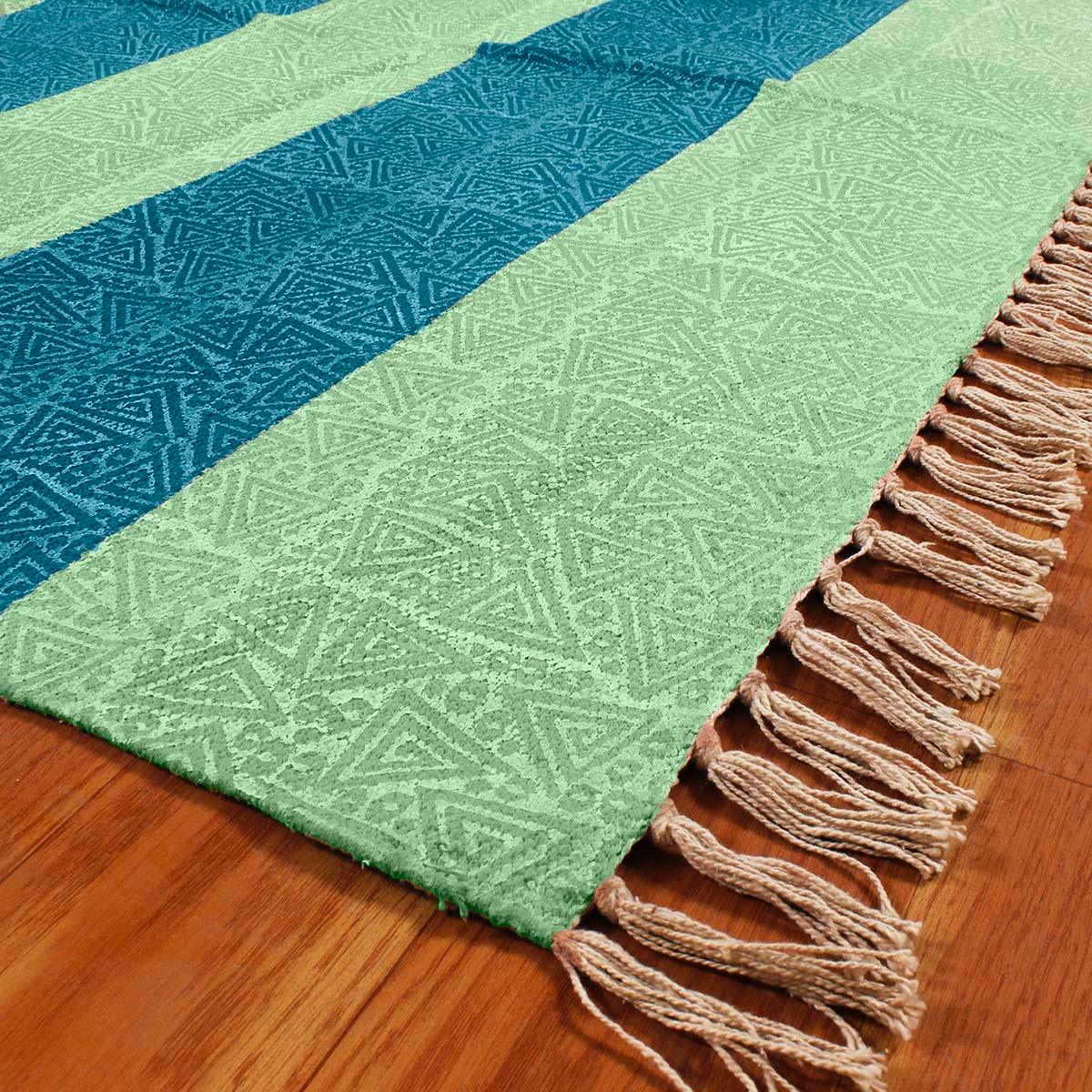 Hallway Hand Block Print Work Green Blue Striped Cotton Dhuree - Indian Rug Store