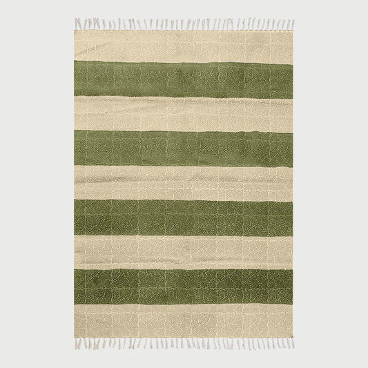 Hallway Hand Block Print Work Green Beige Striped Cotton Dhuree - Indian Rug Store