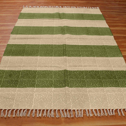 Hallway Hand Block Print Work Green Beige Striped Cotton Dhuree - Indian Rug Store